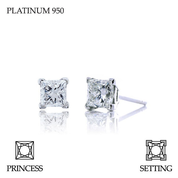 Handmade 1.00ct F VS Princess Cut Platinum 950 Diamond Stud Earrings