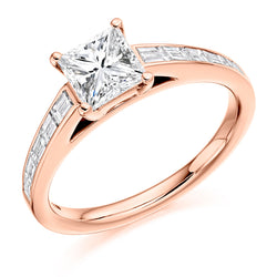 9ct Rose Gold Diamond Engagement Ring With GIA Certified Princess Cut Centre Stone and Baguette Cut Set Shoulders