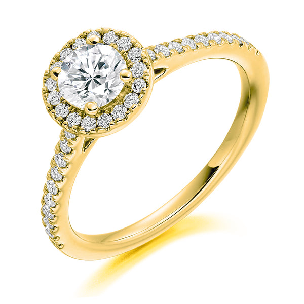 18ct Yellow Gold GIA Certified Diamond Engagement Ring With Round Brilliant Cut Centre Solitaire, Diamond Halo and Diamond Set Shoulders