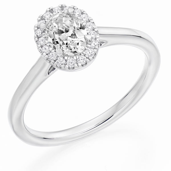 18ct White Gold GIA Diamond Engagement Ring With Oval Cut Centre Solitaire and Diamond Halo