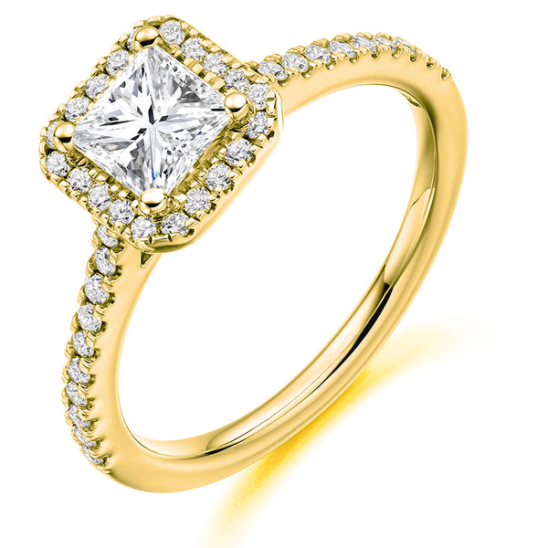 9ct Yellow Gold GIA Certified Diamond Engagement Ring With Princess Cut Centre Solitaire, Diamond Halo and Diamond Set Shoulders