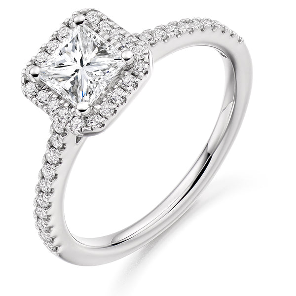 18ct White Gold GIA Certified Diamond Engagement Ring With Princess Cut Centre Solitaire, Diamond Halo and Diamond Set Shoulders
