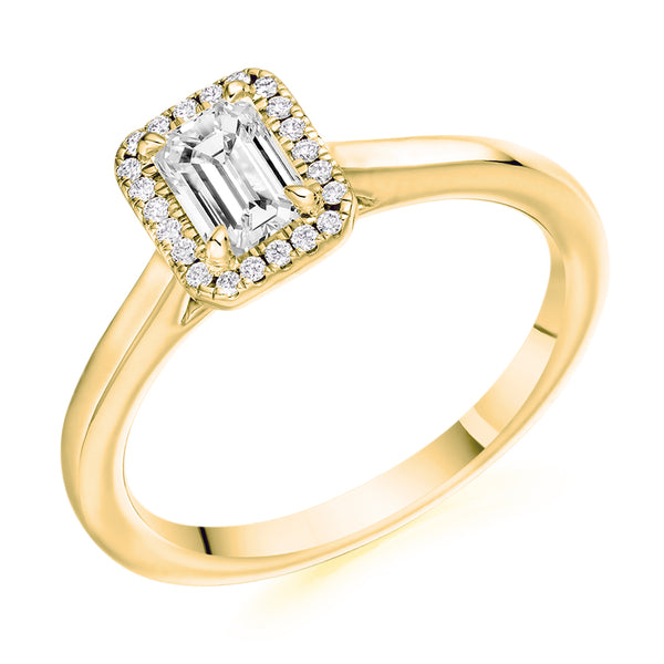 18ct Yellow Gold Diamond Engagement Ring With Emerald Cut Centre Solitaire and Round Brilliant Cut Diamond Halo