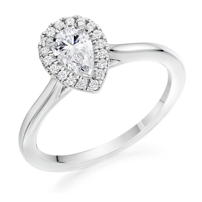 18ct White Gold GIA Certified Diamond Engagement Ring With Pear Shape Centre Stone and Round Brilliant Cut Diamond Halo