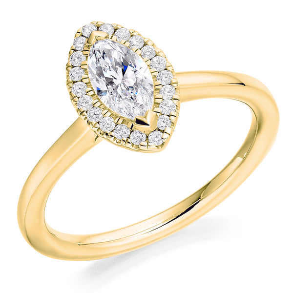 18ct Yellow Gold GIA Certified Diamond Engagement Ring With Marquise Cut Centre Stone and Round Brilliant Cut Diamond Halo