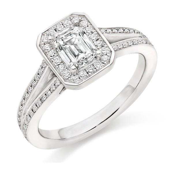 9ct White Gold Diamond Engagement Ring With GIA Certified Emerald Cut Centre Stone, Round Brilliant Cut Diamond Halo and Split Shoulders