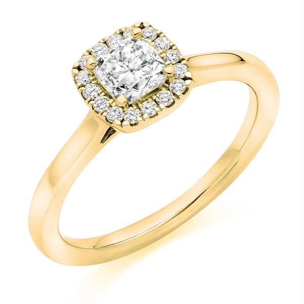 18ct Yellow Gold Diamond Engagement Ring With GIA Certified Cushion Cut Centre Solitaire and Round Brilliant Cut Diamond Halo