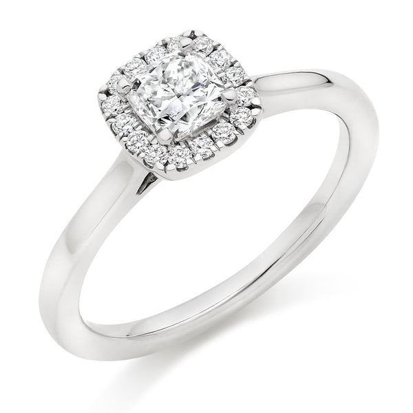 18ct White Gold Diamond Engagement Ring With GIA Certified Cushion Cut Centre Solitaire and Round Brilliant Cut Diamond Halo