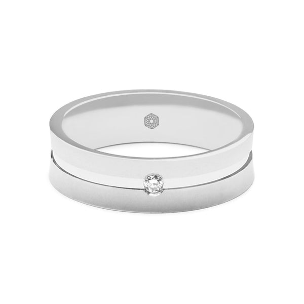 Horizontal shot of Mens Flat Court Wedding Ring With Central Highly Polished Groove and Single Round Diamond