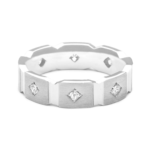 Horizontal shot of Mens Flat Court Shape Wedding Ring With a Brushed Finish, Wide Grooved Pattern and Eight Princess Cut Diamonds