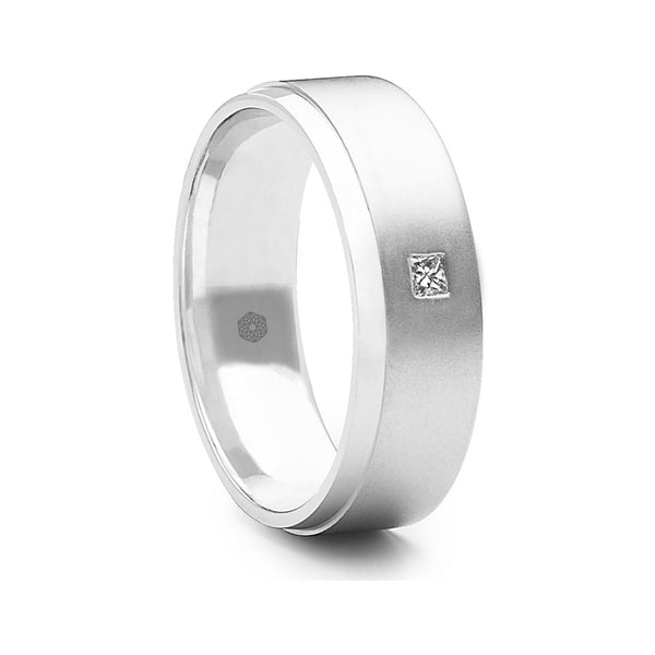 Matte Finished Mens Flat Court Wedding Ring with Single Angled Edge and One Princess Cut Diamond