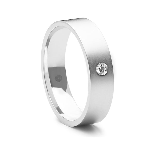 Mens Satin Finish Flat Court Wedding Ring With Single Round Brilliant Cut Diamond
