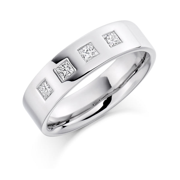Highly Polished Gents Flat Court Shape Wedding Ring With Four Princess Cut Diamonds