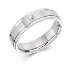 Gents Flat Court Wedding Ring With Satin Finish Centre, Polished Edges and a Single Princess Cut Diamond