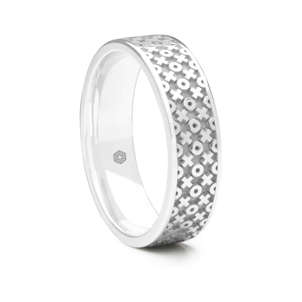 Mens 9ct White Gold Flat Court ShapeWedding Ring With X's and O's Pattern