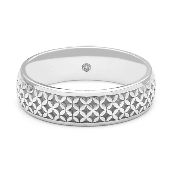 Horizontal Shot of Mens 9ct White Gold Court Shape Wedding Ring With Geometric Pattern