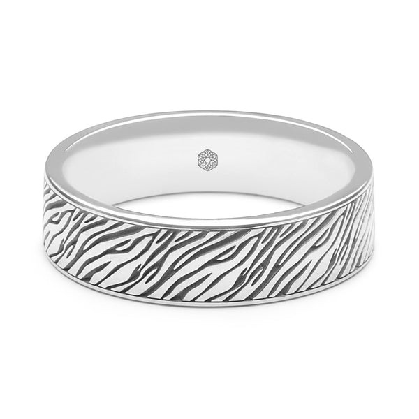Horizontal Shot of Mens Platinum 950 Flat Court Wedding Ring with Zebra Pattern