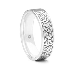 Mens 9ct White Gold Flat Court Wedding Ring With Leaf Pattern