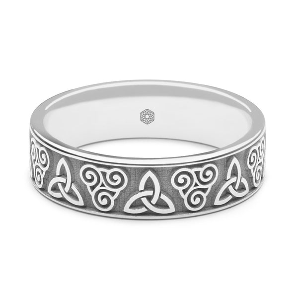 Horizontal Shot of Mens 9ct White Gold Flat Court Wedding Ring With Double Celtic Pattern