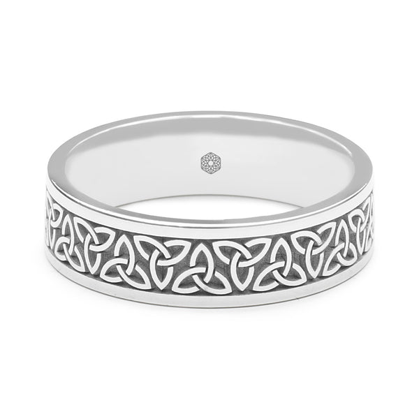 Horizontal Shot of Mens 9ct White Gold Flat Court Wedding Ring With Trinity Knots