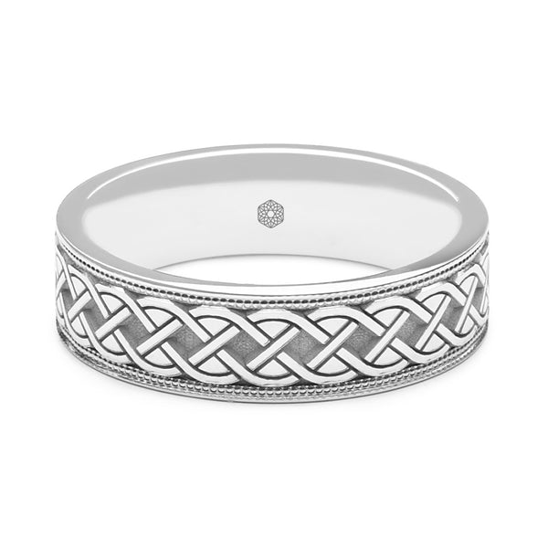 Horizontal Shot of Mens 9ct White Gold Flat Court Wedding Ring With a Millgrain Edge and Rope Pattern