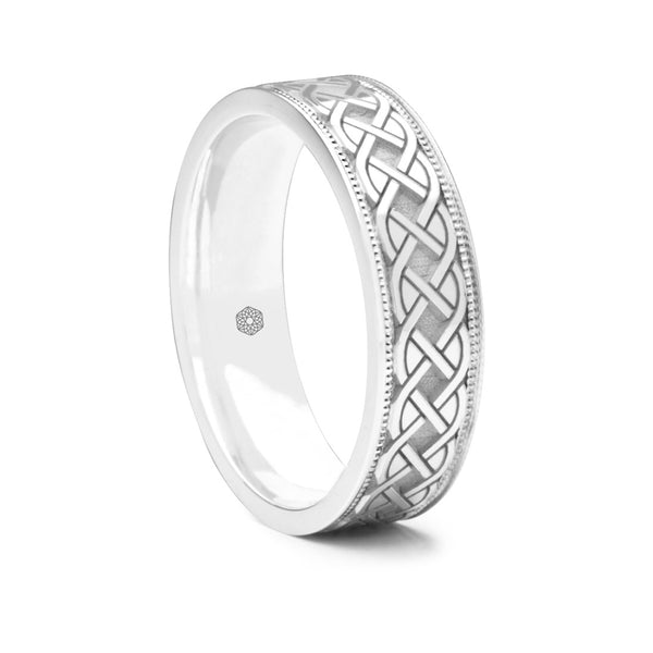 Mens 9ct White Gold Flat Court Wedding Ring With a Millgrain Edge and Rope Pattern