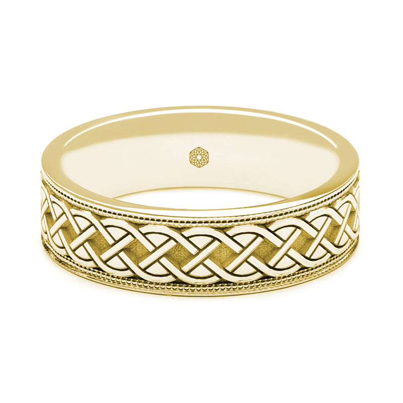 Horizontal Shot of Mens 9ct Yellow Gold Flat Court Wedding Ring With a Millgrain Edge and Rope Pattern