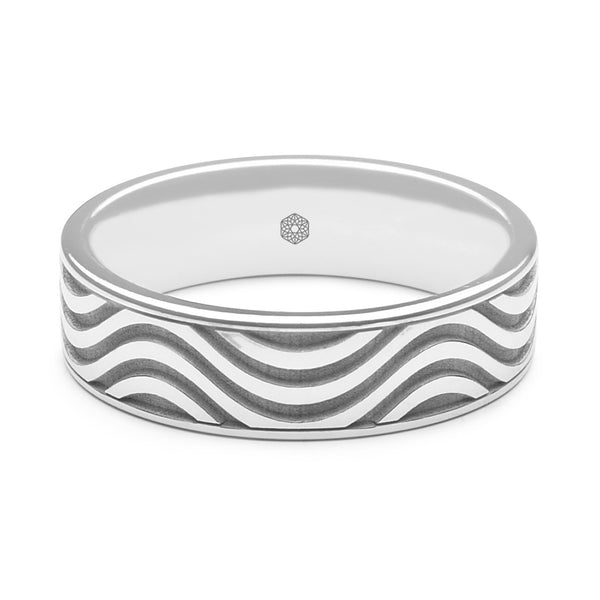 Horizontal Shot of Mens 9ct White Gold Flat Court Shape Wedding Ring With Multi-Wave pattern