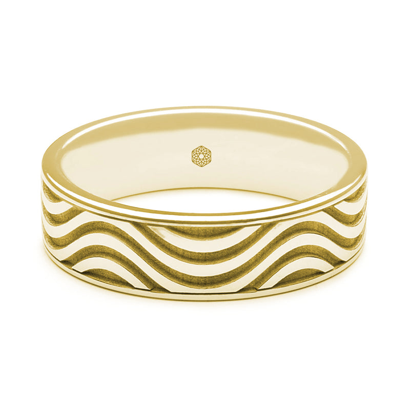 Horizontal Shot of Mens 9ct Yellow Gold Flat Court Shape Wedding Ring With Multi-Wave pattern