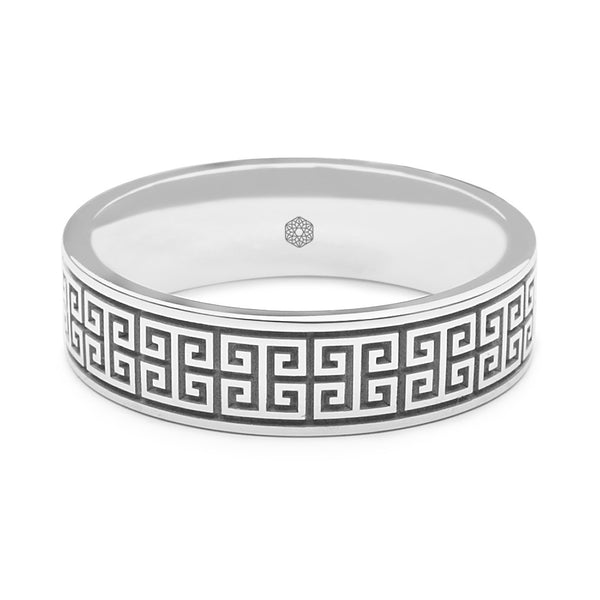 Horizontal Shot of Mens 9ct White Gold Flat Court Wedding Ring With Interlocking Greek Key Pattern