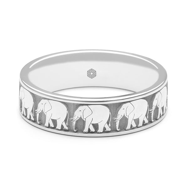 Horizontal Shot of Mens Platinum 950 Flat Court Wedding Ring With Elephant Pattern