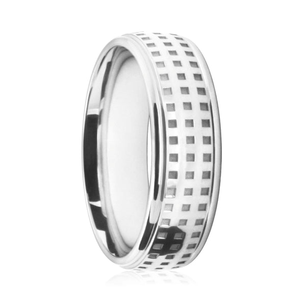 Mens 9ct White Gold Court Shape Wedding Ring Rattan Style Pattern
