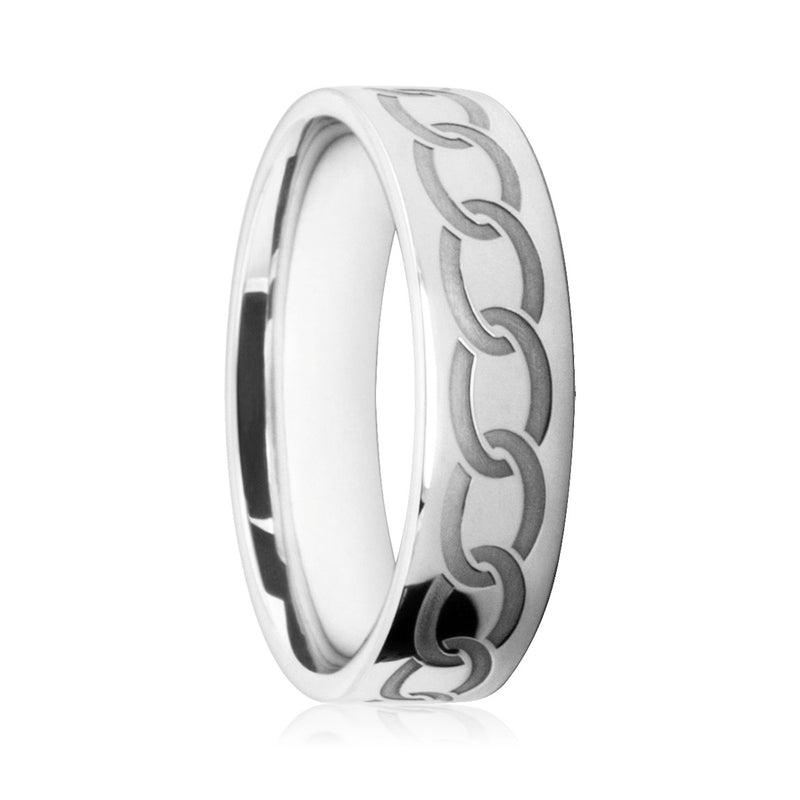 Mens 18ct White Gold Flat court Wedding Ring With Engraved Chainlink Pattern