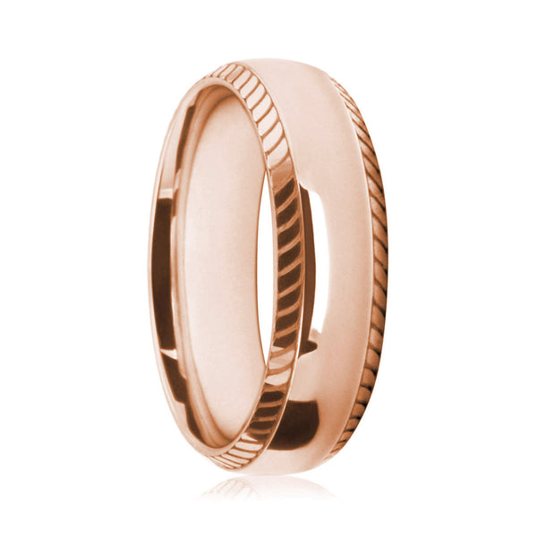 Mens 9ct Rose Gold Court Shape Wedding Ring With Feathered Edges