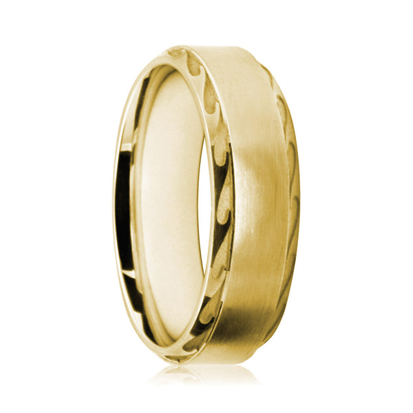 Mens 9ct Yellow Gold Court Shape Wedding Ring With Wave Patterned Edges