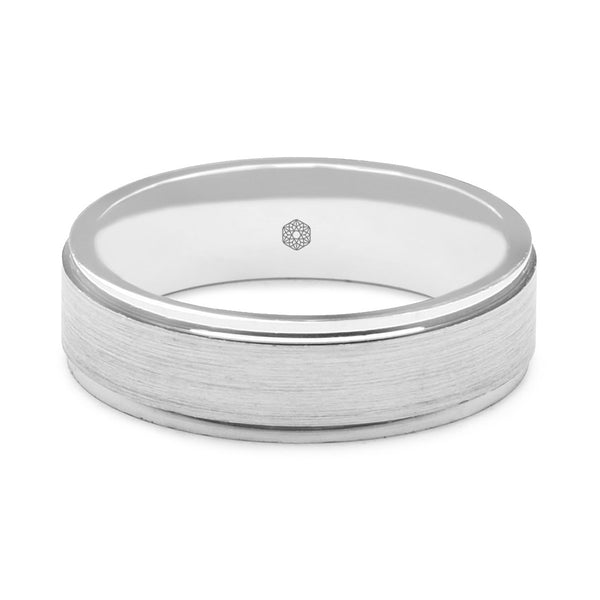 Horizontal Shot of Mens Polished 9ct White Gold Flat Court Wedding Ring With Tapered Edges