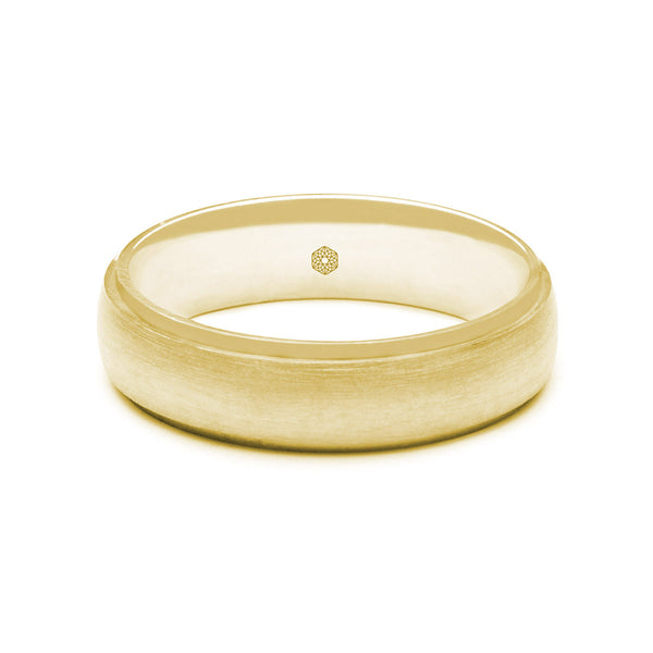Horizontal Shot of Mens Matte Finish 9ct Yellow Gold Flat Court Shape Wedding Ring With Polished Bevelled Edges
