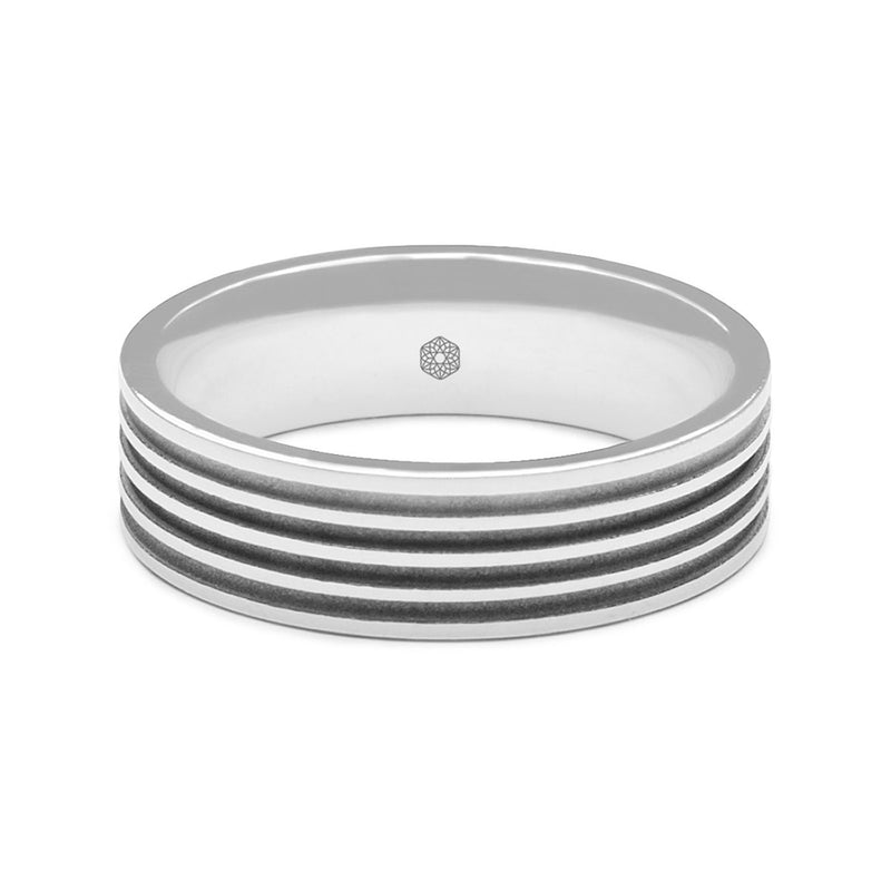 Horizontal Shot of Mens Polished 9ct White Gold Flat Shape Wedding Ring With Four Matte Finish Grooves