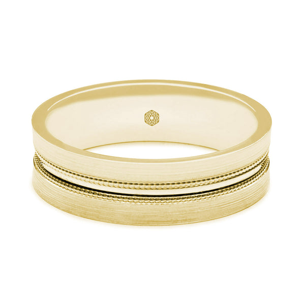 Horizontal Shot of Mens Satin Finish 9ct Yellow Gold Flat Court Shape Wedding Ring With Central Groove and Millgrain Detail