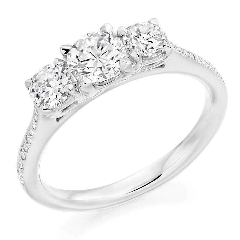 9ct White Gold GIA Certified Round Brilliant Cut Diamond Trilogy Engagement Ring With Diamond Set Shoulders