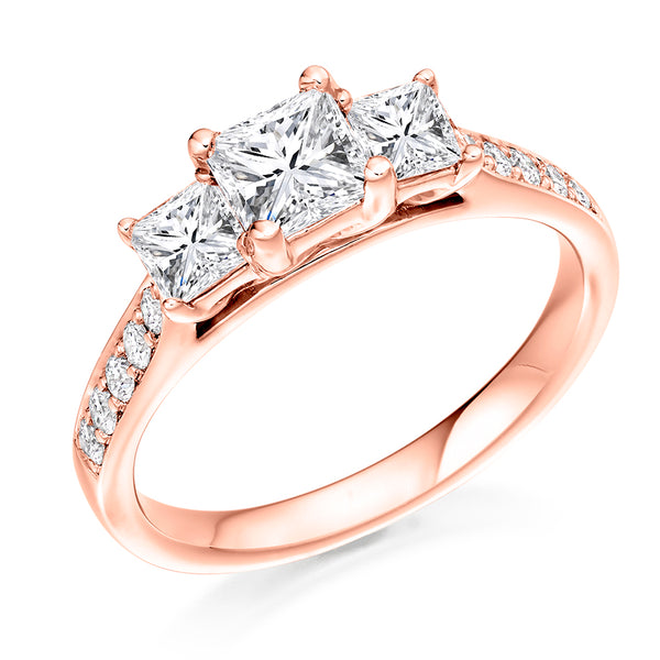 9ct Rose Gold GIA Certified Princess Cut Diamond Trilogy Engagement Ring With Round Brilliant Cut Diamond Shoulders
