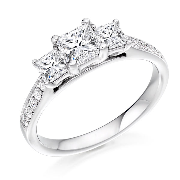18ct White Gold GIA Certified Princess Cut Diamond Trilogy Engagement Ring With Round Brilliant Cut Diamond Shoulders