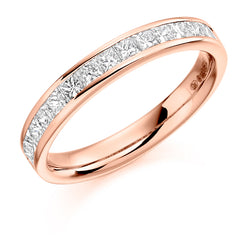 Ladies 9ct Rose Gold Half Set Princess 0.75ct Diamond 3mm Wedding Ring