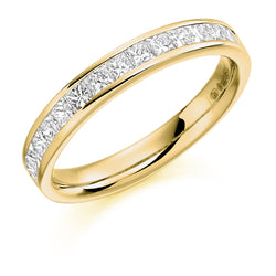 Ladies 9ct Yellow Gold Half Set Princess 0.75ct Diamond 3mm Eternity Ring