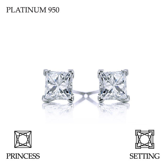 Handmade 0.60ct G SI Princess Cut Platinum 950 Diamond Stud Earrings