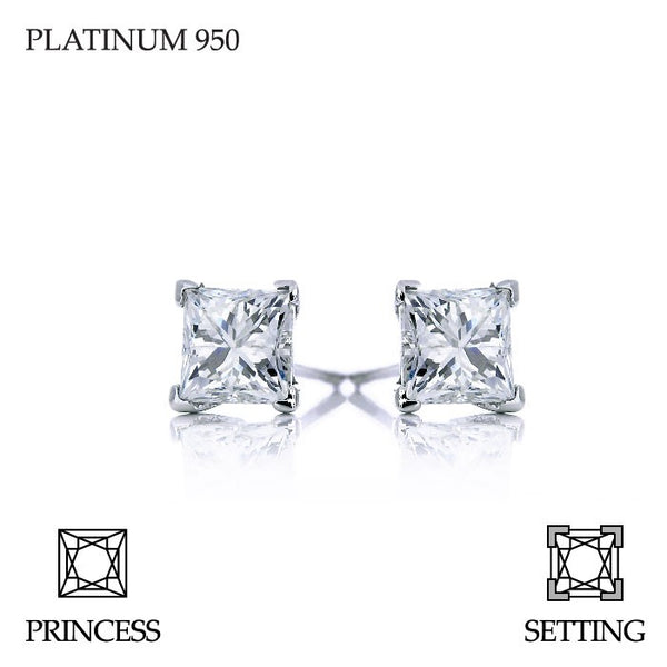 Handmade 0.60ct F VS Princess Cut Platinum 950 Diamond Stud Earrings