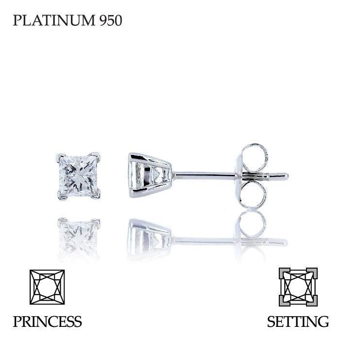 Handmade 0.80ct F VS Princess Cut Platinum 950 Diamond Stud Earrings
