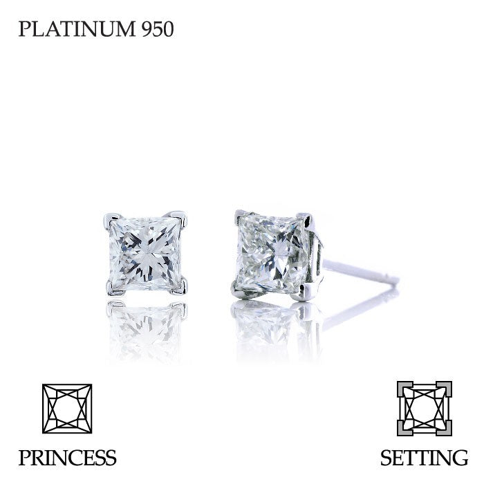 Handmade 1.00ct G SI Princess Cut Platinum 950 Diamond Stud Earrings