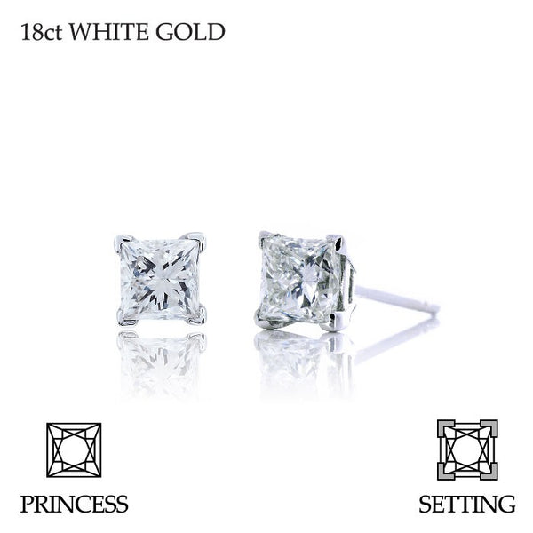 Handmade 0.50ct F VS Princess Cut 18ct White Gold Diamond Stud Earrings