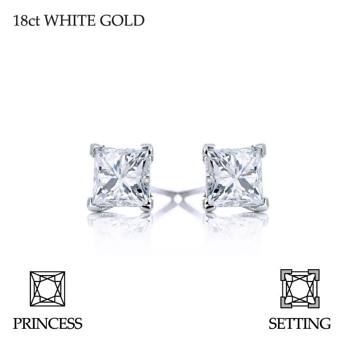 Handmade 0.60ct F VS Princess Cut 18ct White Gold Diamond Stud Earrings